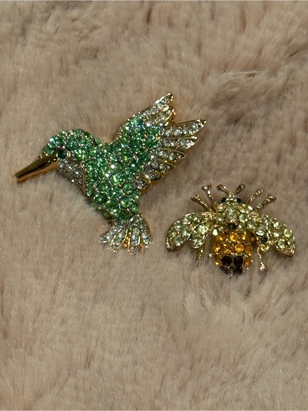 Rhinestone Hummingbird and Bee Brooch Set